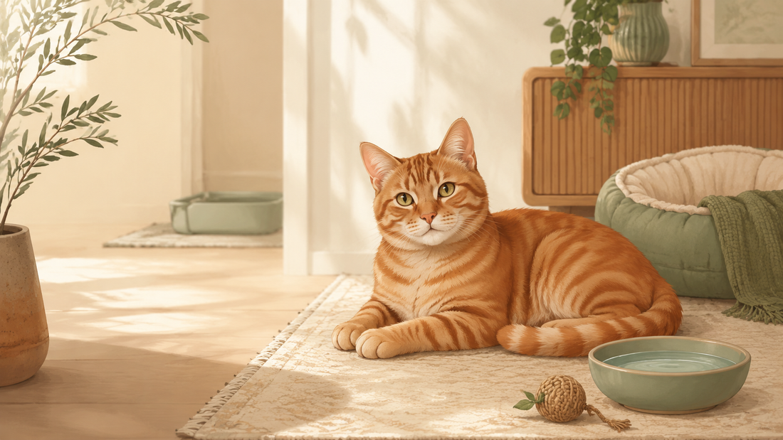 Gatto arancione sereno in casa, copertina del Diario di Audrey sul benessere felino