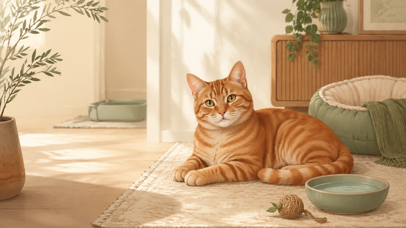 Gatto arancione sereno in casa, copertina del Diario di Audrey sul benessere felino