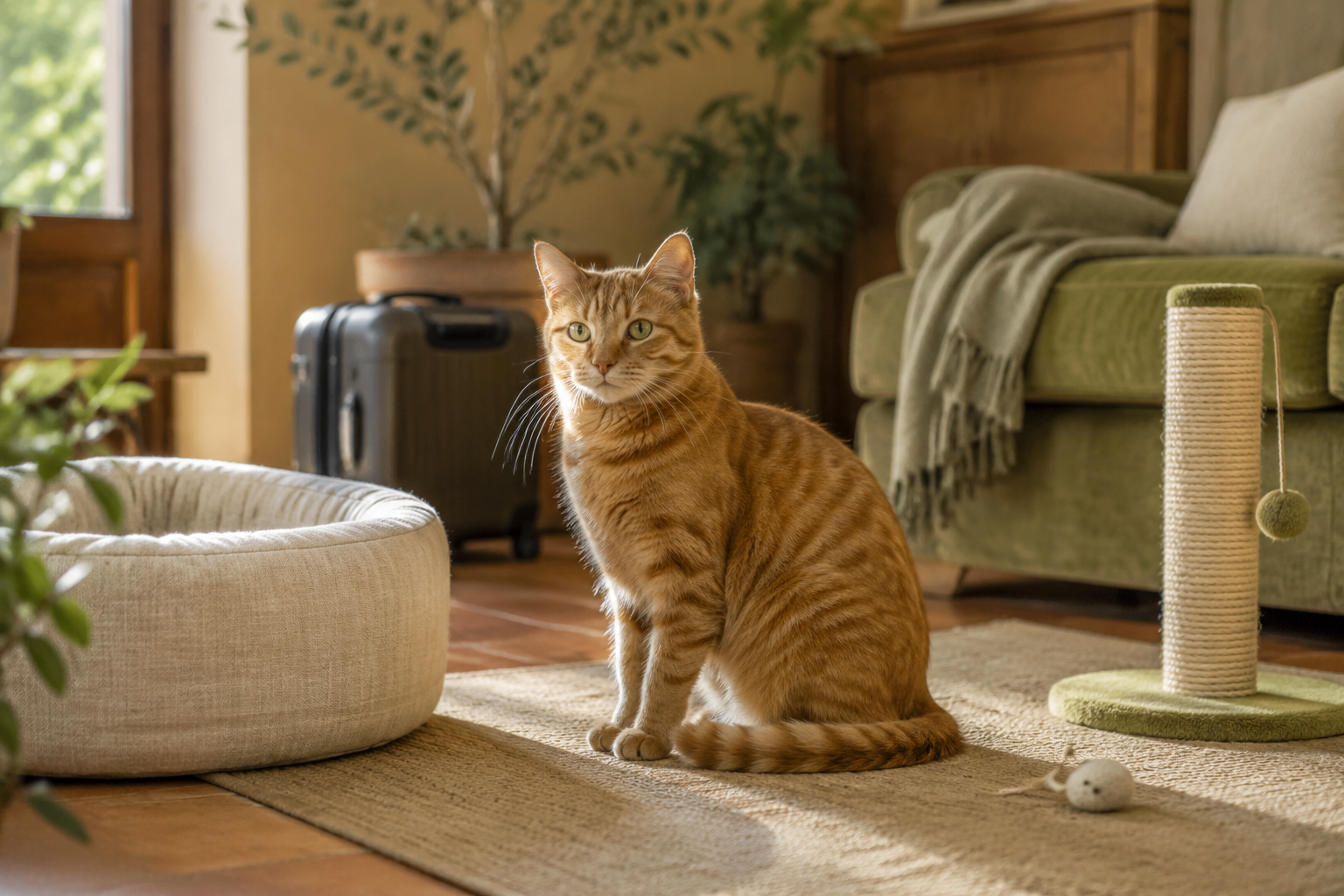 Gatto arancione in un soggiorno tranquillo, accanto alla cuccia e al tiragraffi, dopo il rientro dalle vacanze