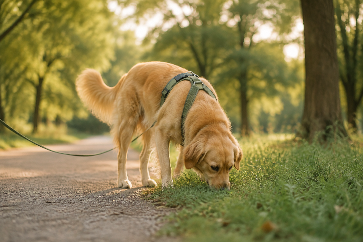 Cane con pettorina che annusa l'erba durante una passeggiata tranquilla