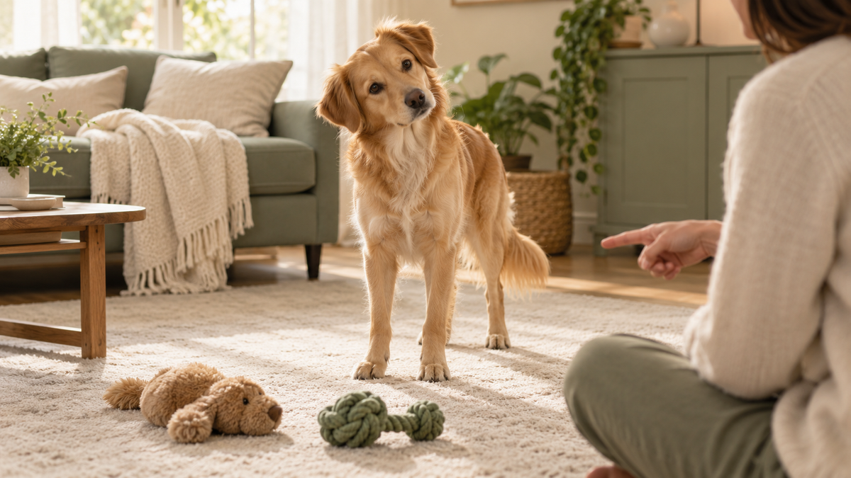 Cane dorato che inclina la testa ascoltando una persona accanto a due giochi