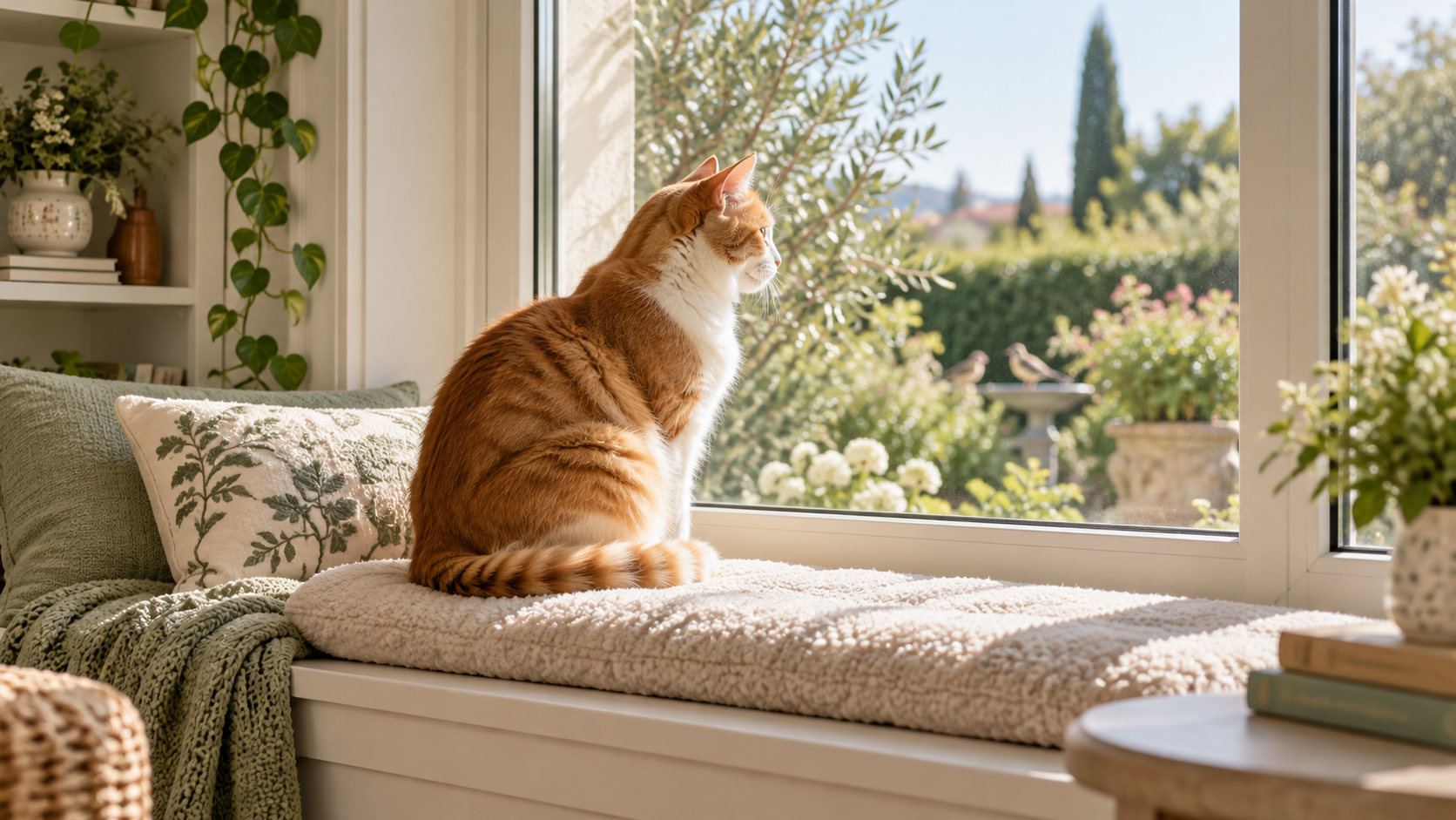Gatto arancione e bianco osserva il giardino da un ampio davanzale interno davanti a una finestra chiusa