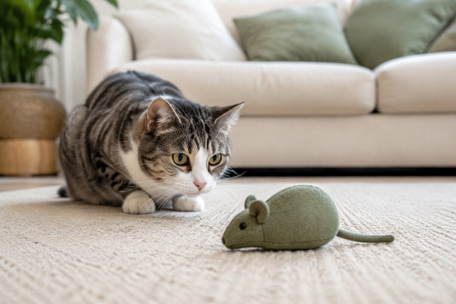 Gatto tigrato e bianco osserva un topolino di peluche salvia su un tappeto avorio.