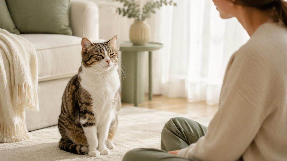 Gatto tigrato e bianco che socchiude dolcemente gli occhi verso una persona seduta a distanza