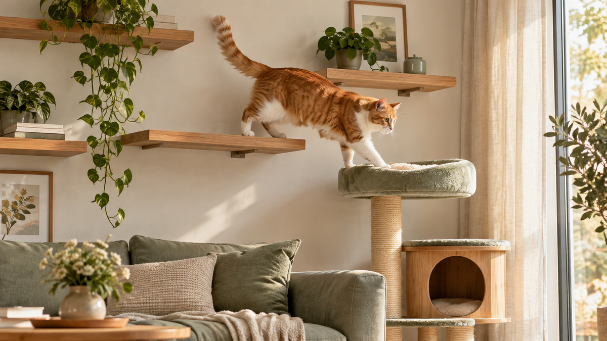Gatto arancione e bianco percorre mensole sicure verso una cuccia rialzata color salvia